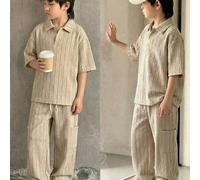 Shein Set de 2 piezas para niños/niñas preadolescentes - Camisa polo beige texturizada y conjunto de chándal de pantalón de pierna ancha, adecuado para prim