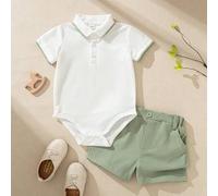 Shein Set de 2 piezas: Pelele con cuello polo blanco y pantalones cortos verde claro para recién nacido niño, adecuado para el hogar, juego y talla grande o