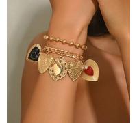 Shein Set de 2 piezas Pulsera con colgante de corazón con esmalte goteado único, pulsera minimalista de moda con cadena de cuentas doradas en capas, joyería