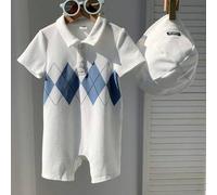 Shein Set de 2 piezas que incluye mono y gorro, mono de bebé niño con estampado de argyle lindo con gorro, adecuado para fiesta de cumpleaños, rave, fiesta