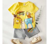 Shein Set de 2 piezas que incluye top de manga corta de punto suave con cuello redondo y estampado de animales de dibujos animados, y shorts de cintura elás