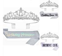 Shein Set de 2 piezas "Reina del Cumpleaños" - Faja y corona de strass - Tela de color plata glitter con letras negras en vinilo "Birthday Queen", corona de