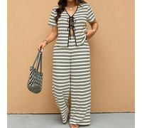 Shein Set de 2 piezas talla grande para mujer, top de manga corta de verano con amarres frontales a rayas y pantalón de pierna ancha casual