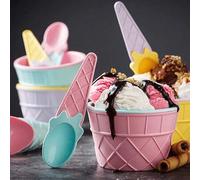 Shein Set de 2 piezas Tazón y cuchara de helado con diseño de dibujos animados, tazón de helado de plástico reutilizable con diseño de color de caramelo lin