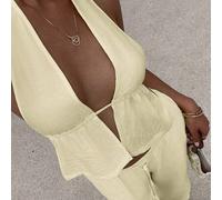 Shein Set de 2 piezas Top corto con escote profundo en V, cuello halter y espalda descubierta + Pantalones sueltos de pierna ancha con cinturilla alta y bol