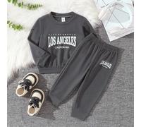 Shein Set de 2 piezas Top de manga larga con cuello redondo y gráfico de letras + pantalones deportivos casuales para niños/as pequeños, apto para uso diari
