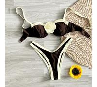 Shein Set de 2 piezas traje de baño para mujer: Top con aros y parches monocromos con tira delantera con flor blanca, Bottom triangular, bikini casual y sex