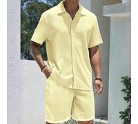 Shein Set de 2 piezas Traje informal de camisa de manga corta y pantalones de estilo europeo de marca holgada con jacquard, conjunto versátil para playa y v