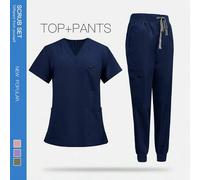 Shein Set de 2 piezas Uniforme de enfermera con top de manga corta y cuello en V elegante y pantalones que cinturan la cintura, conjunto de uniforme de prim
