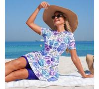 Shein Set de 2 piezas: Vestido de manga corta con estampado de playa y océano, y shorts tipo biker a juego, atuendo de traje de baño perfecto para primavera