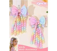 Shein Set de 2 pinzas para el cabello con lazos rizados de arcoíris degradado brillante para niñas - Lazos con brillo multicolor - Accesorios para el cabell