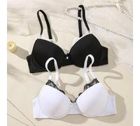 Shein Set de 2 sujetadores con relleno y encaje románticos y sexys, que realzan, minimizan, son ajustables, anti-deslizamiento, para busto pequeño