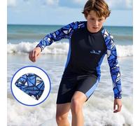 Shein Set de 2 trajes de baño con capucha y cremallera para niños, con estampado azul y blanco, con estilo de playa, adecuado para vacaciones, para desbloqu