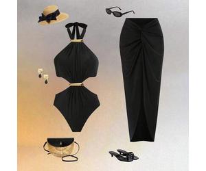 Shein Set de 2 trajes de baño de una pieza con diseño de espalda descubierta, tirantes finos, recortes y falda, con diseño de lazo, para vacaciones y playa