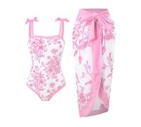 Shein Set de 2 trajes de baño de una pieza con estampado de porcelana vintage y delantal largo de gasa para niñas