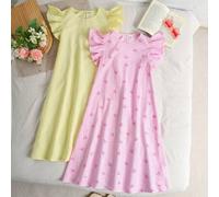 Shein Set de 2 vestidos de línea A con manga corta y decoración de moño para niñas preadolescentes, de tela texturizada amarilla, moda casual suelta para ve