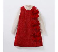 Shein Set de 2 vestidos de niña para otoño/invierno, que consta de un vestido de textura de punto acanalado con bloqueo de color y decoración de lazo rojo,