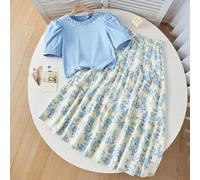 Shein Set de 2 vestidos maxi de línea A con estampado floral, elegantes, de manga abullonada para adolescentes, con cuello decorado con perlas, de estilo mi