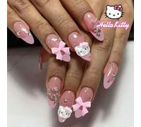 Shein Set de 24 uñas postizas francesas de color rosa almendra con decoraciones 3D de Hello Kitty con moño, estrella de cristal y rinoestone, incluyendo gel