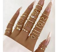 Shein Set de 28 piezas de anillos con diseños de corazón de cristal y geométricos para mujer