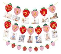 Shein Set de 3 banners mensuales de fotografía con diseño de fresas - Banner mensual de 1er cumpleaños de fresas dulces, panel de exhibición de fotografías