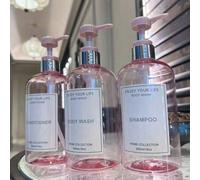 Shein Set de 3 botellas dispensadoras de plástico de 500ml en color rosa pastel, aptas para baño, hotel, motel, incluye 3 etiquetas adhesivas impermeables p