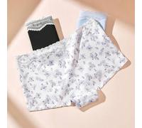 Shein Set de 3 calzones tipo boyshort de algodón suave y transpirable con estampado floral de talle medio, ropa interior de mujer - Encaje