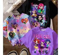 Shein Set de 3 camisetas básicas de manga corta y cuello redondo con estampados de anime/K-pop, violeta, degradado tie-dye, negro cool, en estilo casual de
