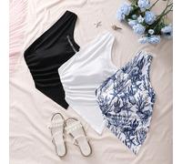 Shein Set de 3 camisetas casuales para niñas adolescentes, con diseño de un solo hombro, bajo asimétrico con volantes, decoradas con estampados de animales
