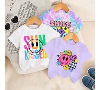 Shein Set de 3 camisetas de manga corta con cuello redondo para niña, con estampado de letras y color liso, en estilo tie-dye "Dopamina dulce y fresca/Energ