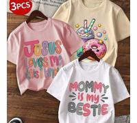 Shein Set de 3 camisetas de manga corta con cuello redondo para niñas, camisetas de colores alegres que traen alegría y felicidad a cada niño, tops de veran