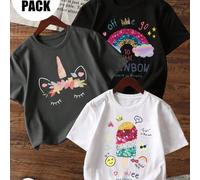 Shein Set de 3 camisetas de manga corta con cuello redondo y estampado gráfico de sonrisa casual para niñas, con estampados en inglés de moda y lindos, ropa