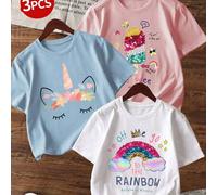 Shein Set de 3 camisetas de manga corta con cuello redondo y estampado gráfico de sonrisa casual para niñas, con estampados en inglés de moda y lindos, ropa