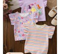 Shein Set de 3 camisetas de manga corta con estampados de princesa, mariposa, ciervo, floral y rayas en un estilo casual y lindo para niñas, adecuado para v