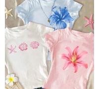 Shein Set de 3 camisetas de manga corta de ajuste ceñido con cuello redondo, bajo acortado, con estampados tropicales de flores, conchas marinas y estrellas