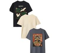 Shein Set de 3 camisetas de manga corta de cuello redondo casuales con estampados de grulla, árbol de pino, árbol de Tai Chi y gato comiendo fideos, de esti