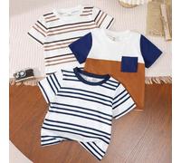 Shein Set de 3 camisetas de manga corta de cuello redondo para niños pequeños, con bolsillo parche, de tela de punto de moda con rayas de colores, para prim