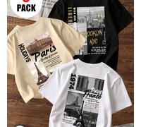 Shein Set de 3 camisetas de manga corta de verano para niños, con estampados vintage de edificios de ciudades americanas y europeas, cuello redondo, transpi