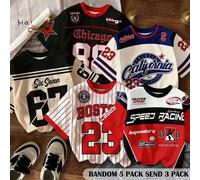 Shein Set de 3 camisetas de manga corta y cuello redondo casuales y cómodas para niño pequeño, con estampados clásicos de rayo, texto "Seis", "Siete", texto