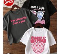 Shein Set de 3 camisetas de manga corta y cuello redondo informales con estampado para niñas, camisetas coloridas que traen alegría y felicidad a cada niño,