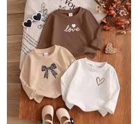Shein Set de 3 camisetas de manga larga de punto con cuello redondo para bebés/niños pequeños con estampados lindos de leopardo, carta de amor y corazón, ad