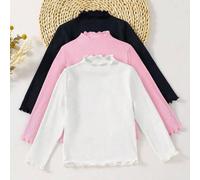 Shein Set de 3 camisetas de punto ajustadas con cuello de tortuga y ribete de lechuga en color liso básico para niñas jóvenes, para otoño/invierno