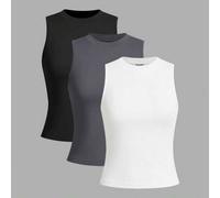 Shein Set de 3 camisetas sin mangas de mujer de cuello redondo de unicolor versátil, negro/blanco/gris, verano de vuelta al colegio, casual