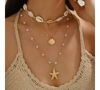Shein Set de 3 collares hechos a mano con estilo de vacaciones oceánicas que incluyen colgantes de concha, estrella de mar y vieira. Joyería elegante y romá