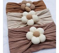 Shein Set de 3 diademas florales para bebé, diademas de nailon suave para recién nacidos, bebés e infantes niñas (Beige, Rosa, Caqui)