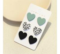Shein Set de 3 pares de pendientes acrílicos con forma de corazón, de textura de arcilla con estampado de leopardo en verde y negro, y 1 tarjeta de San Vale