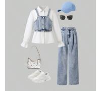 Shein Set de 3 piezas: blusa de manga larga casual con camiseta interior adjunta y pantalones vaqueros azul desgastado holgados para adolescentes, para prim
