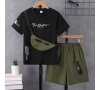 Shein Set de 3 piezas: Camiseta con estampado de letras, pantalones cortos cargo con bolsillo y bolso bandolera mini, conjunto de moda para actividades al a