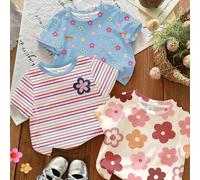 Shein Set de 3 piezas Camisetas de manga corta de cuello redondo básicas con rayas de color azul y estampado floral de la serie Dopamine en color blanco cre