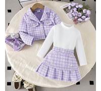 Shein Set de 3 piezas con chaqueta de manga larga con estampado, top de manga larga y falda plisada de estilo uniforme escolar elegante para niña, para prim